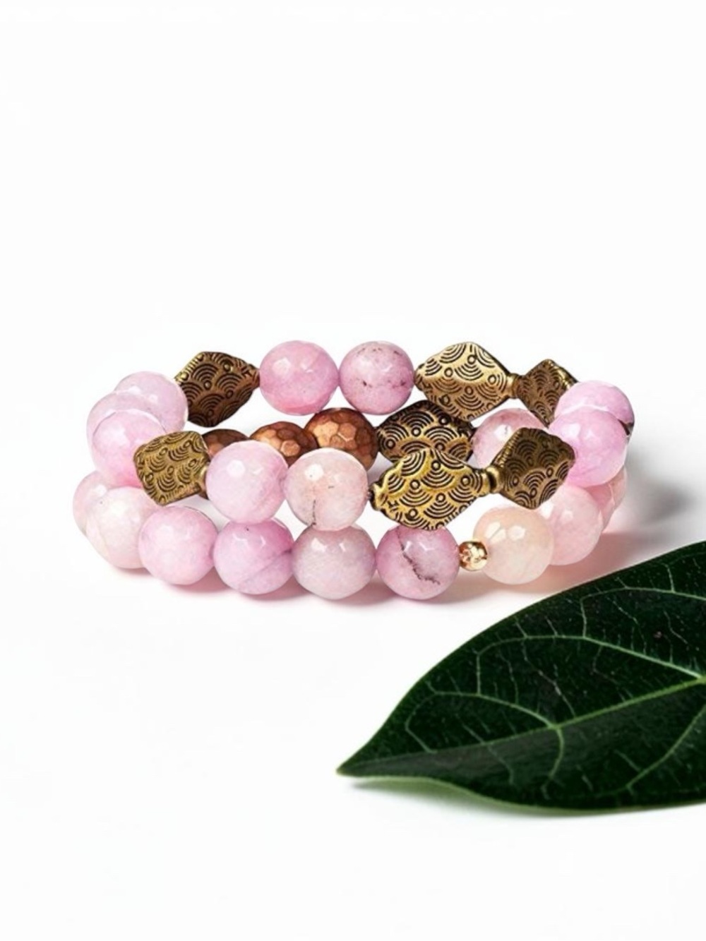 Gemelli Pink Agate Natural Stone Tribal Bracelet Set NEW